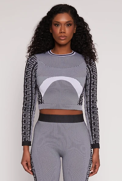 Womens Seamless Greek Key Active Crop Top, Grey, Size S-M
