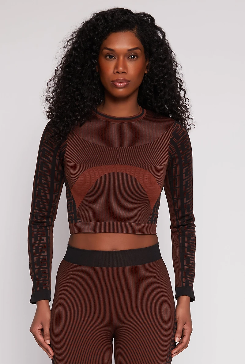Womens Seamless Greek Key Active Crop Top, Brown, Size S-M