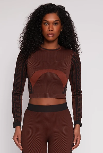 Womens Seamless Greek Key Active Crop Top, Brown, Size S-M