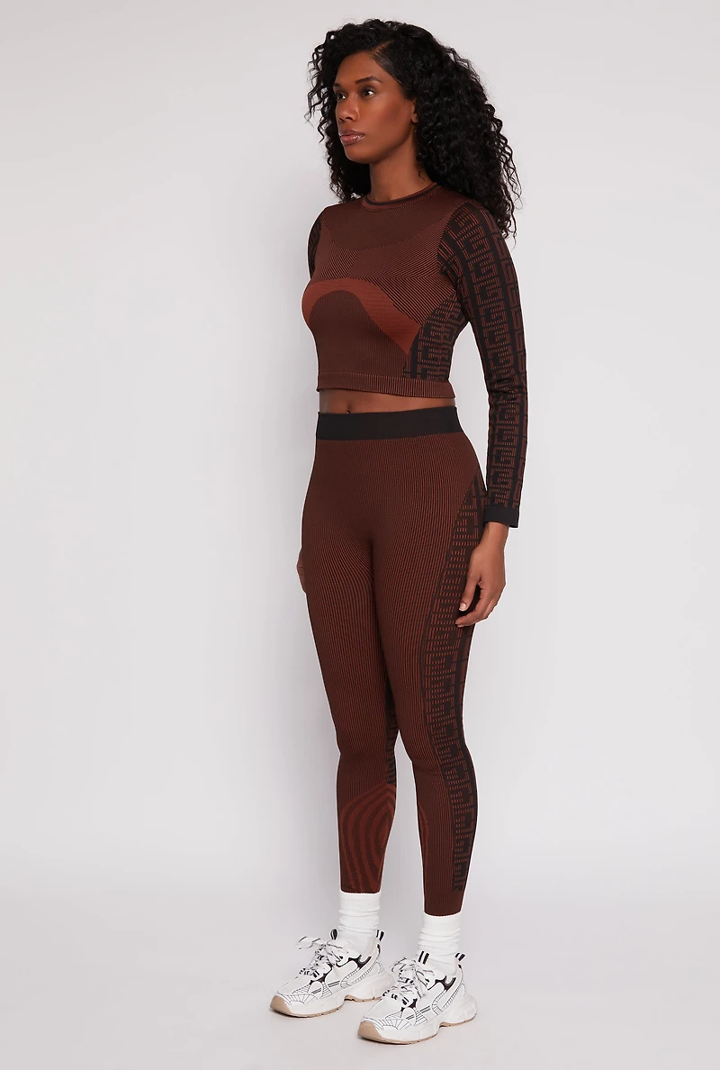 Womens Seamless Greek Key Active Crop Top, Brown, Size S-M