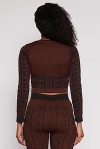 Womens Seamless Greek Key Active Crop Top, Brown, Size S-M