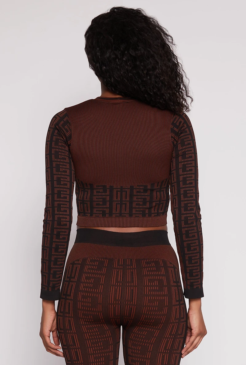 Womens Seamless Greek Key Active Crop Top, Brown, Size S-M