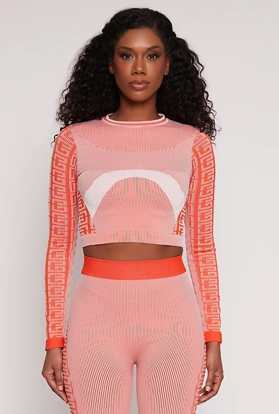 Womens Seamless Greek Key Active Crop Top, Orange, Size M-L