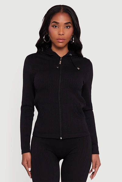 Womens Textured Knit Zip Front Hoodie, S-M