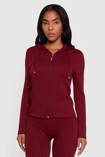 Womens Textured Knit Zip Front Hoodie,