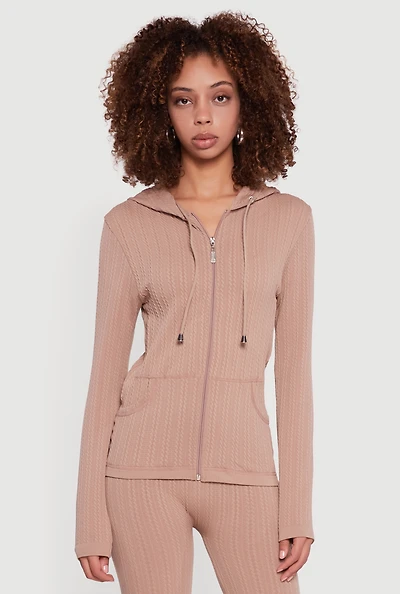 Womens Textured Knit Zip Front Hoodie,