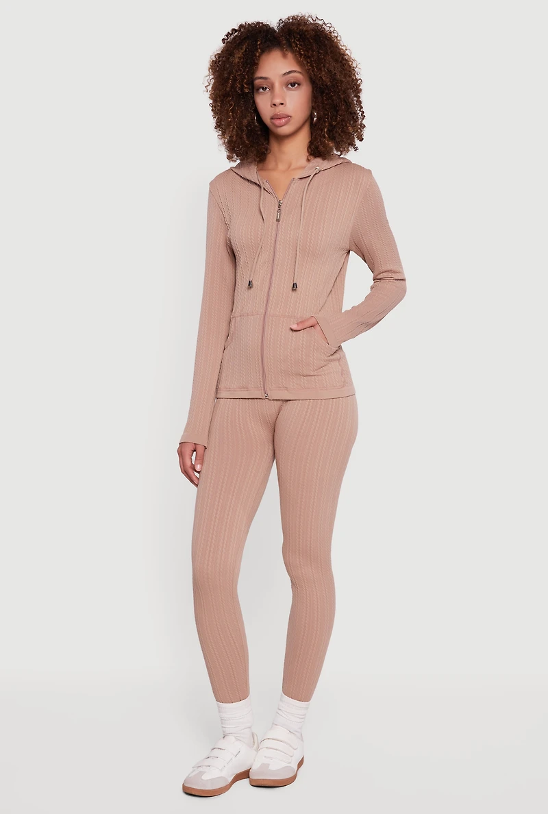 Textured Knit Zip Front Hoodie