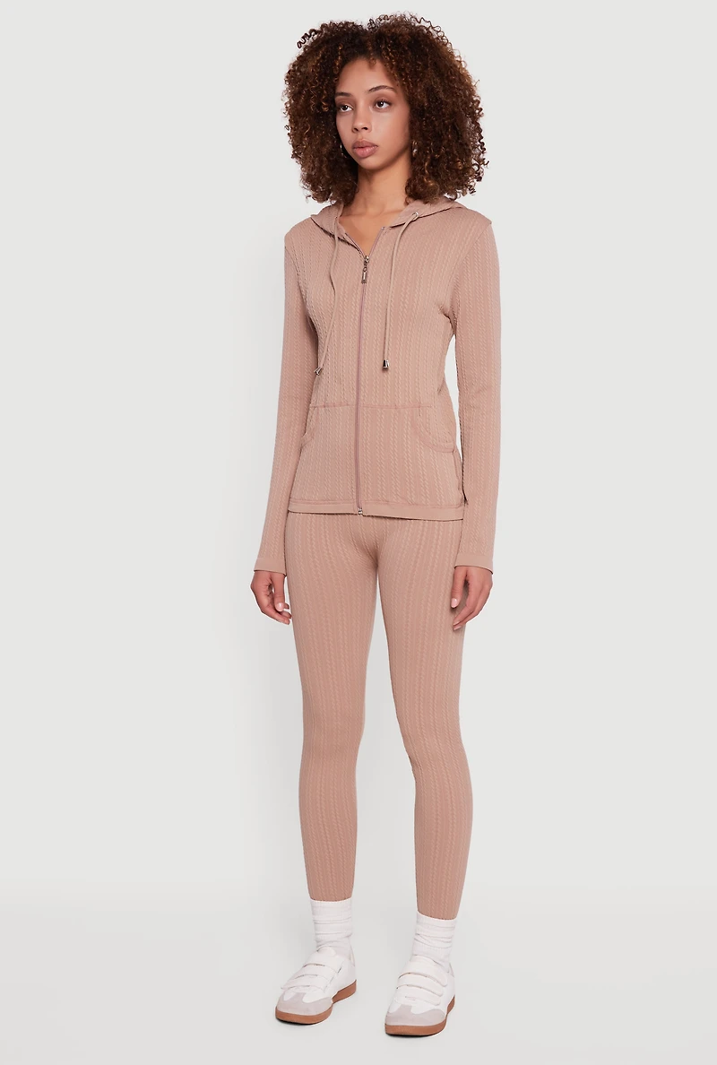 Womens Textured Knit Zip Front Hoodie,