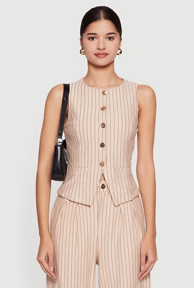 Metallic Button Front Pinstripe Blazer Vest