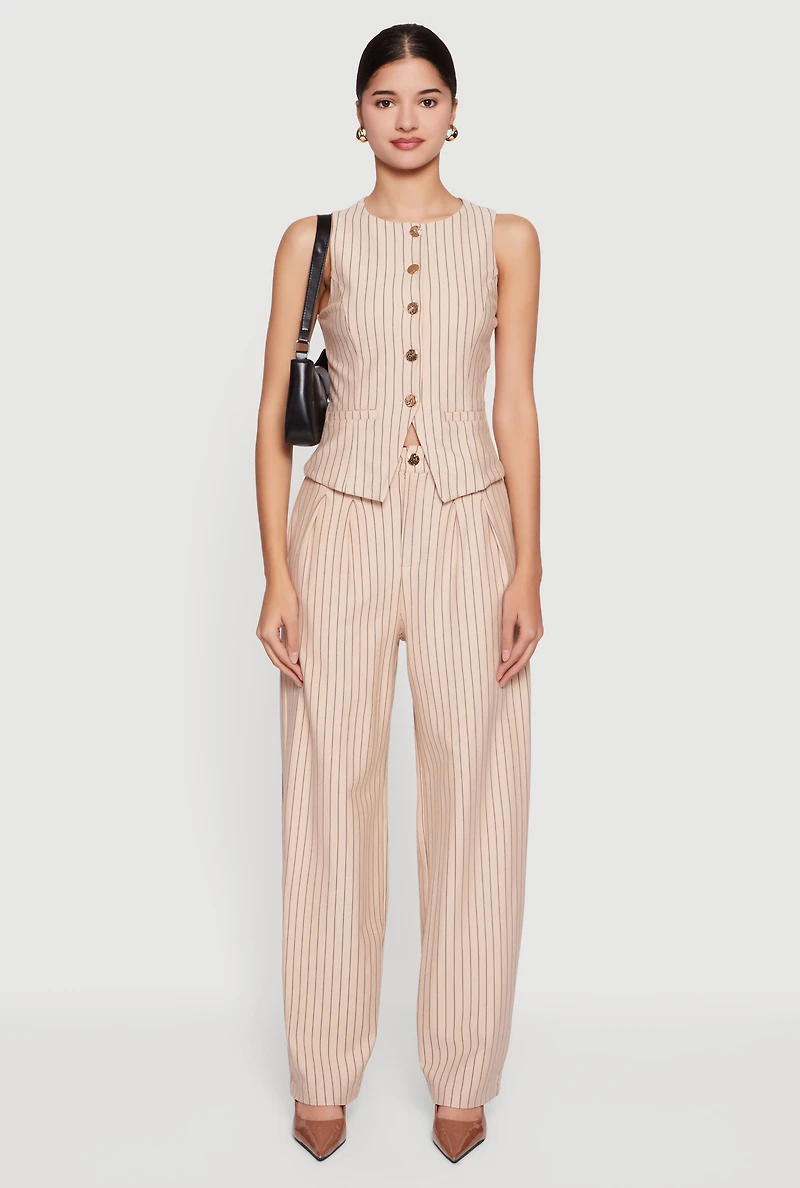 Womens Metallic Button Front Pinstripe Blazer Vest, Beige, Size L