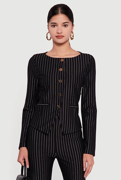 Metallic Button Front Pinstripe Collarless Blazer