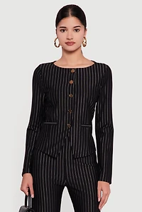 Metallic Button Front Pinstripe Collarless Blazer