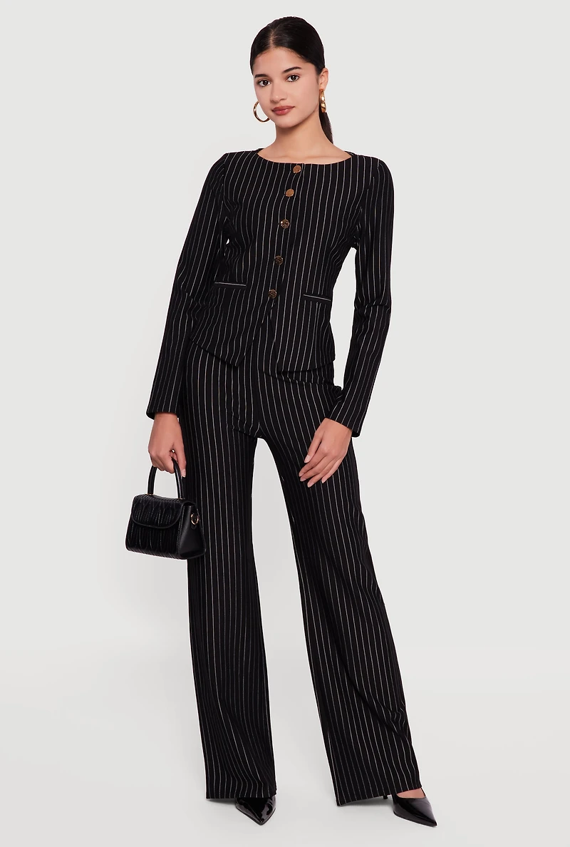 Metallic Button Front Pinstripe Collarless Blazer