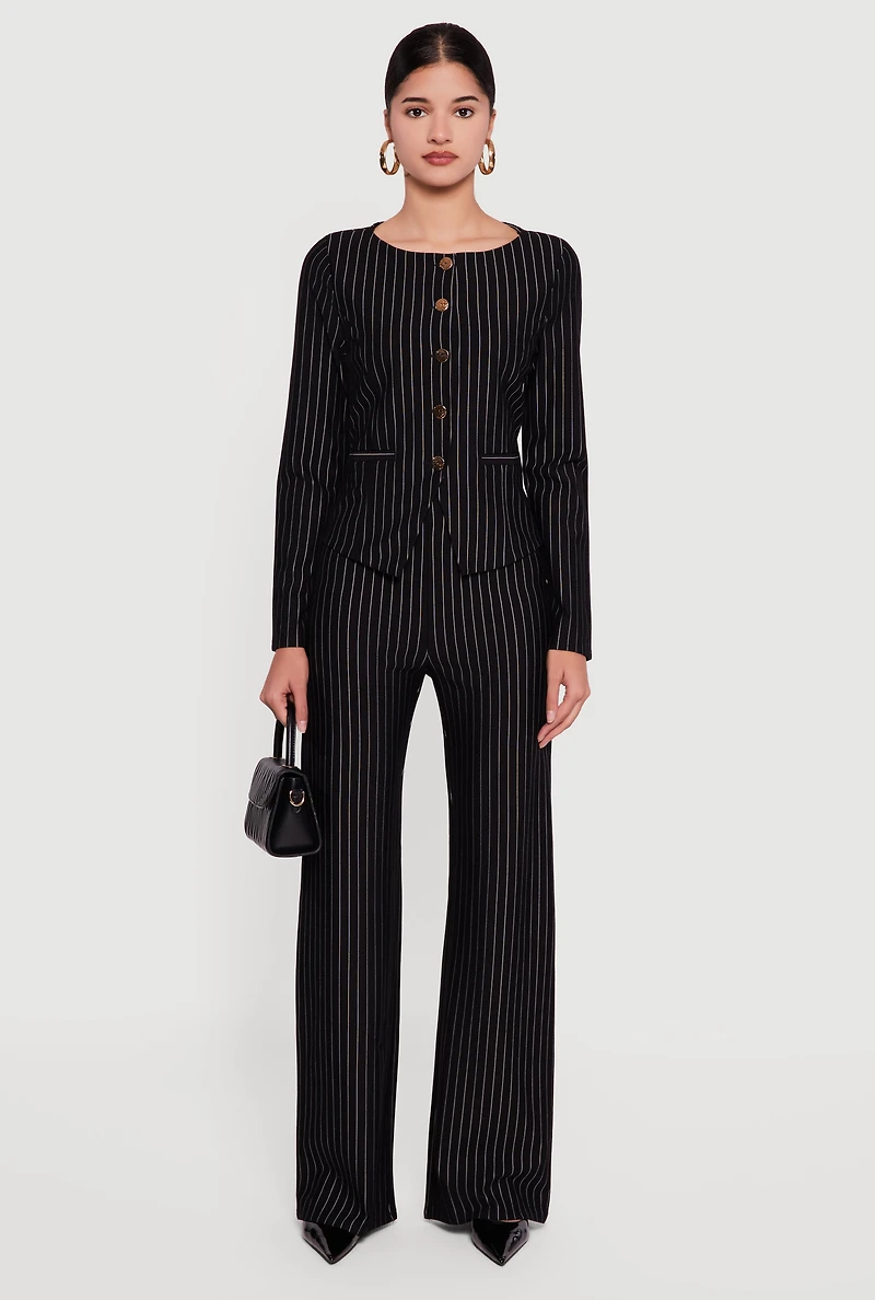 Metallic Button Front Pinstripe Collarless Blazer
