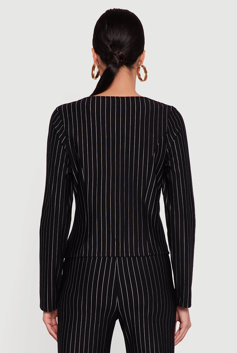 Metallic Button Front Pinstripe Collarless Blazer