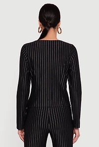Metallic Button Front Pinstripe Collarless Blazer
