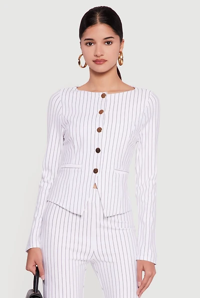 Metallic Button Front Pinstripe Collarless Blazer