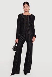Womens Pinstriped High Waisted Pleated Dress Pants, Black, Size L