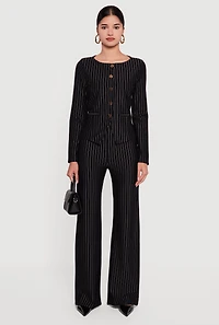 Womens Pinstriped High Waisted Pleated Dress Pants, Black, Size L