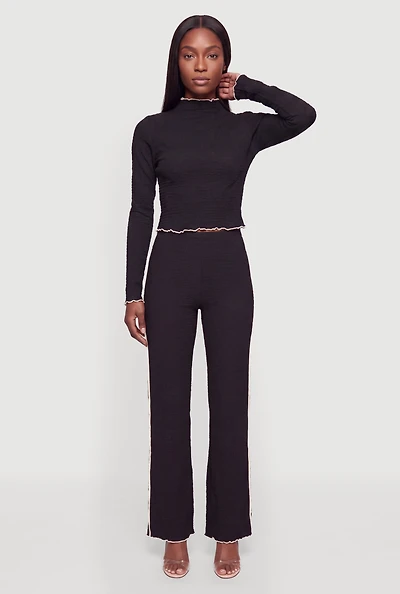Contrast Trim Textured Knit Flare Leg Pants