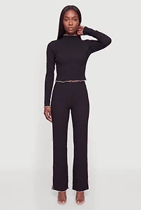 Contrast Trim Textured Knit Flare Leg Pants