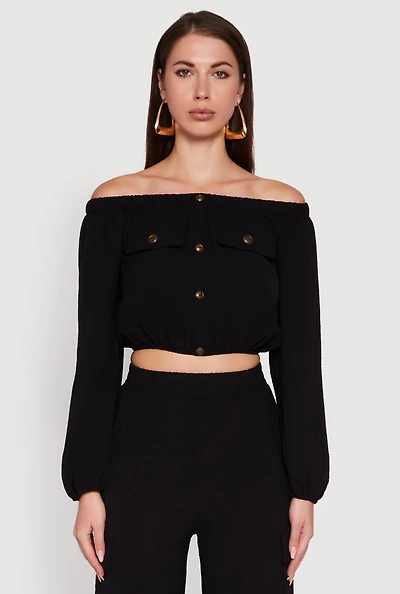 Womens Crepe Knit Bubble Sleeve Off The Shoulder Crop Top, Black, Size M