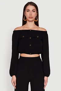 Womens Crepe Knit Bubble Sleeve Off The Shoulder Crop Top, Black, Size L