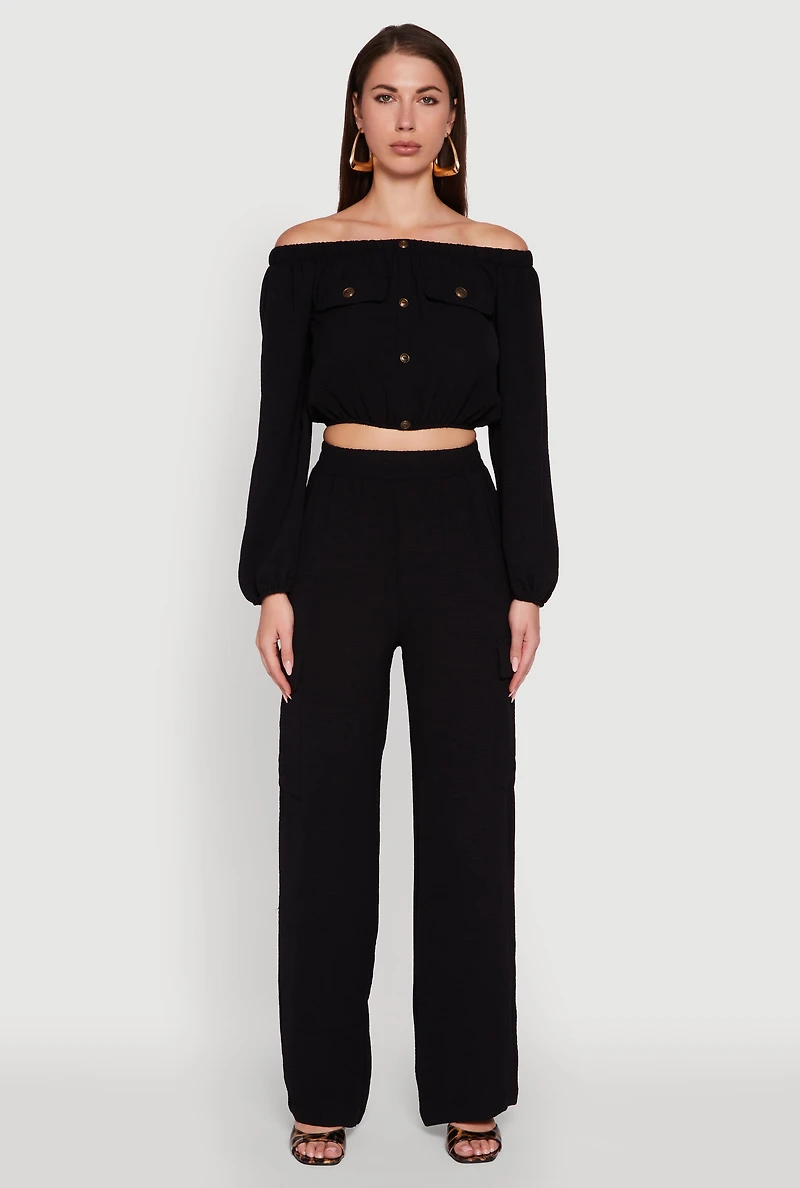 Womens Crepe Knit Bubble Sleeve Off The Shoulder Crop Top, Black, Size L