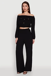 Womens Crepe Knit Bubble Sleeve Off The Shoulder Crop Top, Black, Size M
