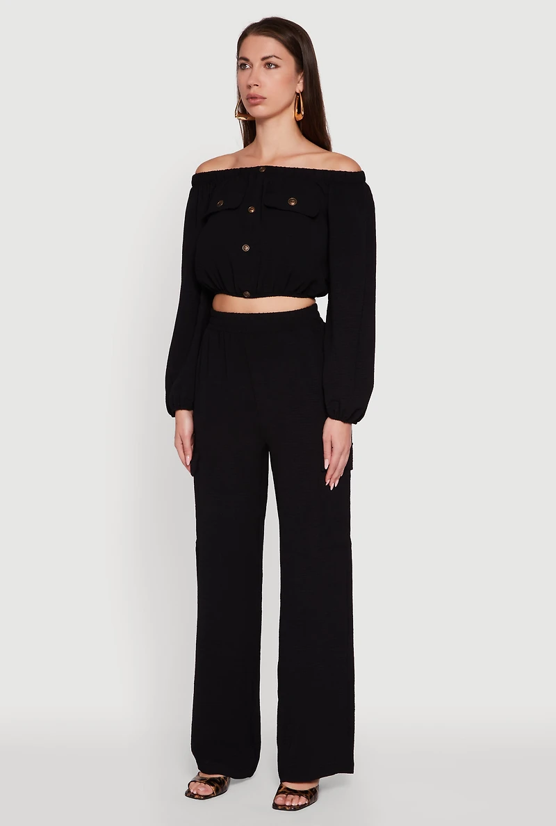 Womens Crepe Knit Bubble Sleeve Off The Shoulder Crop Top, Black, Size M