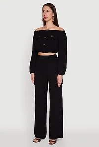 Womens Crepe Knit Bubble Sleeve Off The Shoulder Crop Top, Black, Size M