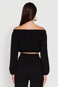 Womens Crepe Knit Bubble Sleeve Off The Shoulder Crop Top, Black, Size L