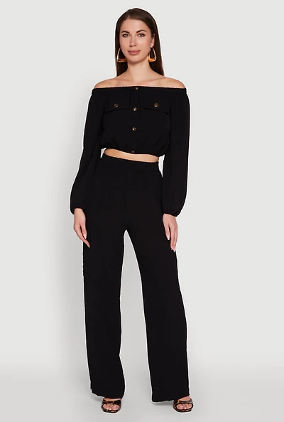 Womens High Waisted Wide Leg Crepe Knit Cargo Dress Pants, Black,