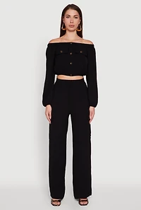 Womens High Waisted Wide Leg Crepe Knit Cargo Dress Pants, Black,