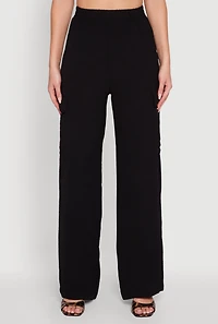 Womens High Waisted Wide Leg Crepe Knit Cargo Dress Pants, Black,