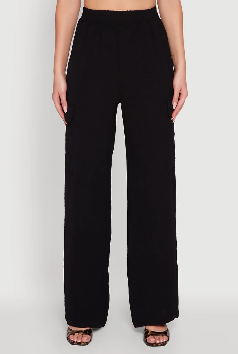 Womens High Waisted Wide Leg Crepe Knit Cargo Dress Pants, Black, Size M