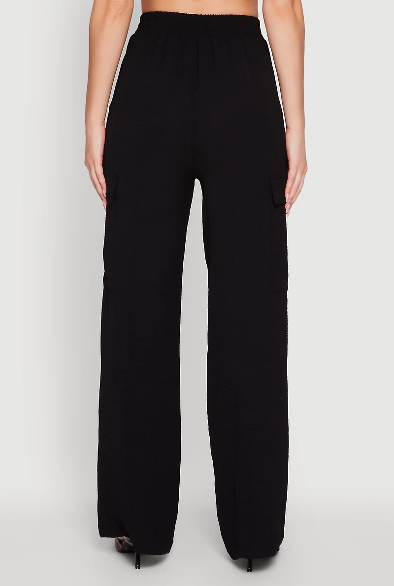 Womens High Waisted Wide Leg Crepe Knit Cargo Dress Pants, Black,