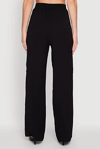 Womens High Waisted Wide Leg Crepe Knit Cargo Dress Pants, Black,