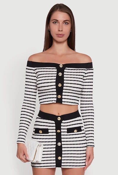 Textured Knit Striped Off Shoulder Crop Top