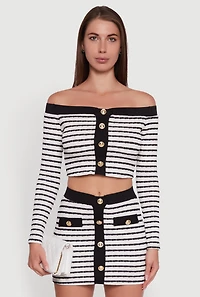 Textured Knit Striped Off Shoulder Crop Top