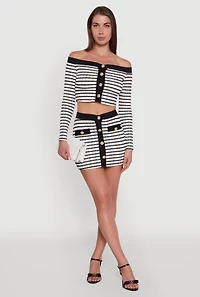 Womens Textured Knit Striped Off Shoulder Crop Top, Multi, Size L