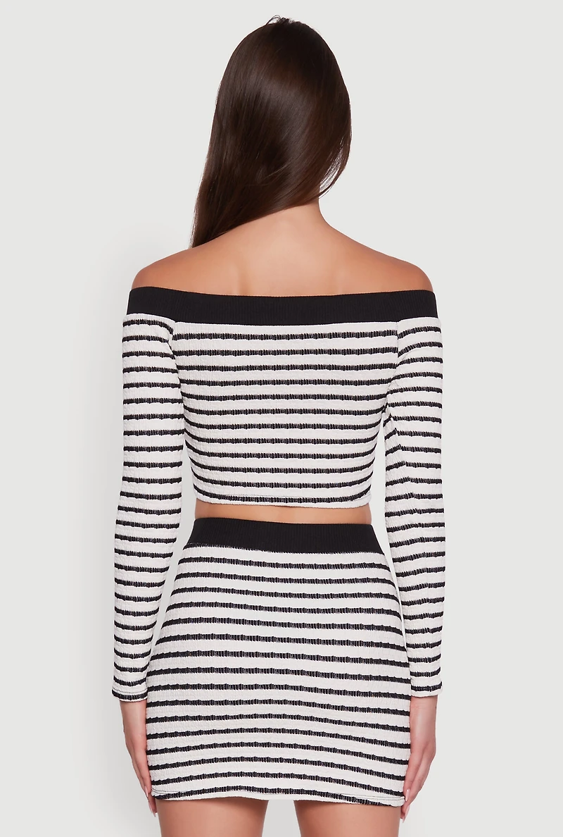 Womens Textured Knit Striped Off Shoulder Crop Top, Multi, Size S