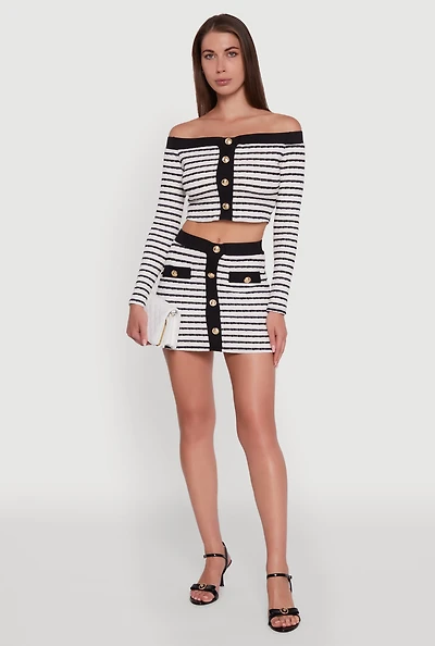 Womens Textured Knit Faux Button Striped Mini Skirt, Multi, Size M