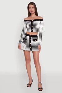 Textured Knit Faux Button Striped Mini Skirt