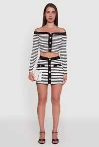 Womens Textured Knit Faux Button Striped Mini Skirt, Multi, Size L