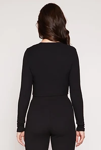 Womens Textured Knit Keyhole Crop Top,
