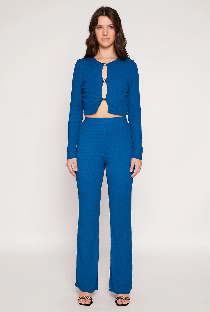 Womens Textured Knit Keyhole Crop Top, Blue, Size S