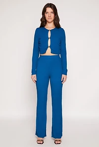 Womens Textured Knit Keyhole Crop Top, Blue, Size S