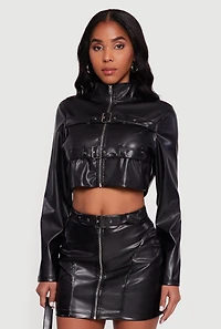 Faux Leather Cropped Moto Jacket with Buckles