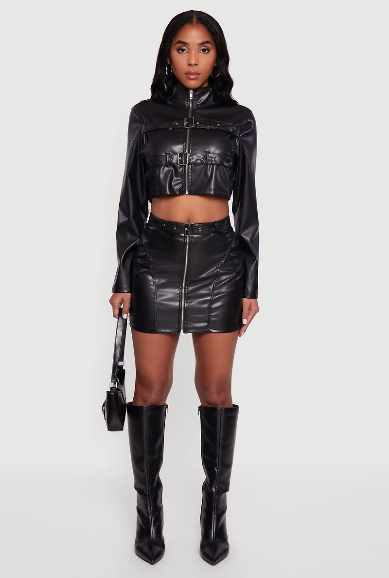Faux Leather Cropped Moto Jacket with Buckles